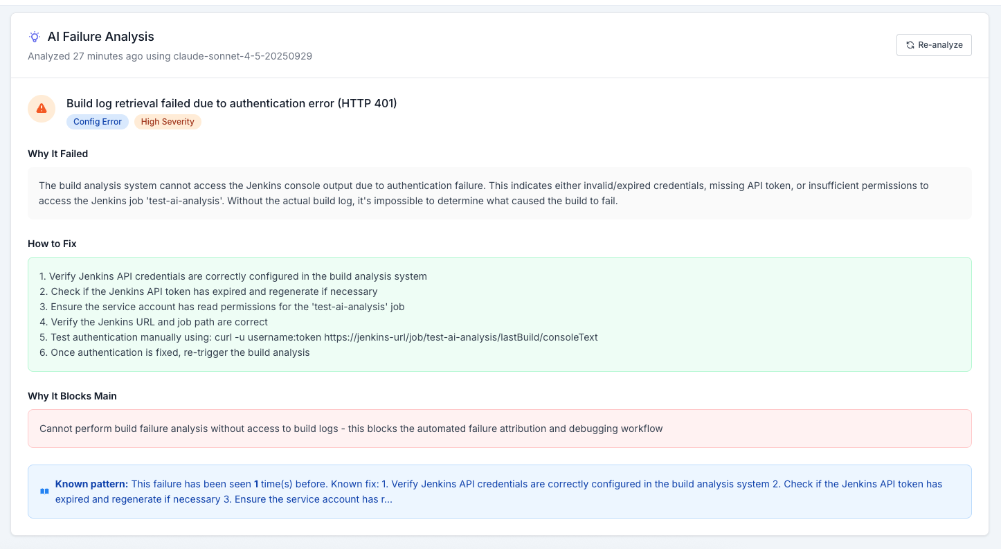 ButterStack AI failure analysis showing root cause, attribution, fix suggestions, and known pattern matching for a failed game build